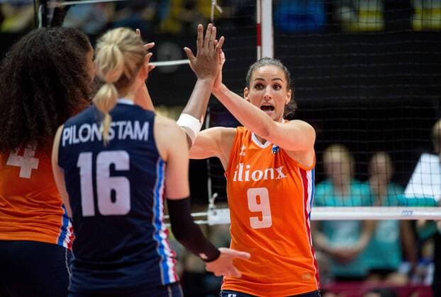 June 26, 2016 - Hong Kong, Hong Kong S.A.R, China - MYRTHE SCHOOT high fives her Netherland team mates.FIVB Volleyball World Grand Prix Hong Kong 2016. Netherlands secure a place in the semi-finals with a 3-0 win over Germany in Hong Kong with scores of 26-24,25-20,25-22. Volleyball 2016 - FIVB World Grand Prix Hong Kong - ZUMAr144