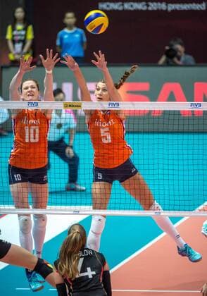 June 26, 2016 - Hong Kong, Hong Kong S.A.R, China - LONNEKE SLOETJES (L)of the Netherlands jumps for the ball with teammate ROBIN DE KRUIJF (R).FIVB Volleyball World Grand Prix Hong Kong 2016. Netherlands secure a place in the semi-finals with a 3-0 win over Germany in Hong Kong with scores of 26-24,25-20,25-22. Volleyball 2016 - FIVB World Grand Prix Hong Kong - ZUMAr144
