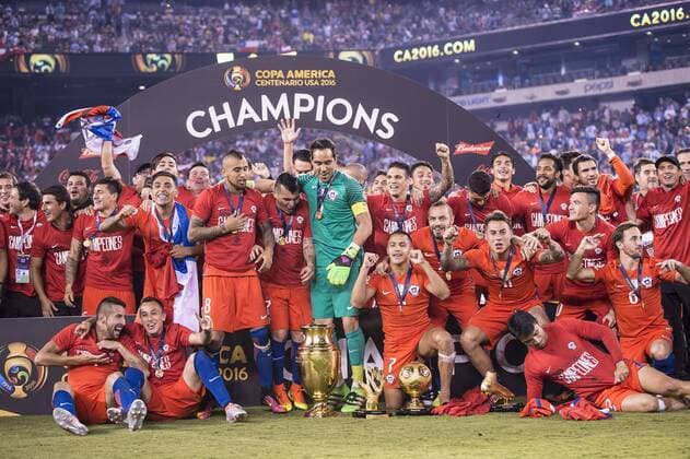 East Rutherford, New Jersey, U.S - The Chile national team Nationalteam celebrate winning the Copa America Centenario 2016 Final at MetLife Stadium in East Rutherford, NJ Soccer 2016 - Copa America Centenario Final Chile defeats Argentina 0-0 (4-2) Penalty Shoot out. - ZUMAs192