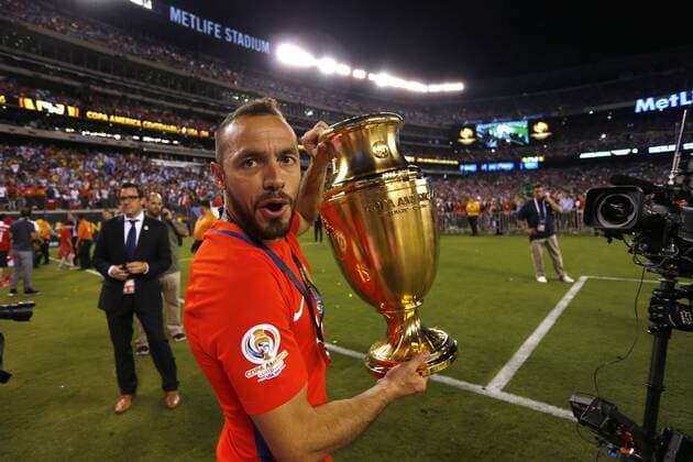 Football, Argentina v Chile. Copa America Centenario Championship 2016. Chile s player Marcelo Diaz celebrates the Copa America Centenario Championship title after winning against Argentina at the Met Life stadium in New Jersey, USA. 26 06 2016 Argentina v Chile, final Copa America Centenario 2016. 