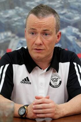 27 06 2016 Hibernians Stadium, Paola, Malta UEFA Champions League First Qualifying Round, First Leg Valletta FC v B36 Torshavn B36 Torshavn head coach Eydun Klakstein speaks during his team s press conference PK Pressekonferenz a day prior to the UEFA Champions League, first qualifying round, first leg match at the Hibernians Stadium in Paola, Malta. Valletta FC v B36 Torshavn - UEFA Champions League 2016 17 VALL_B36_16