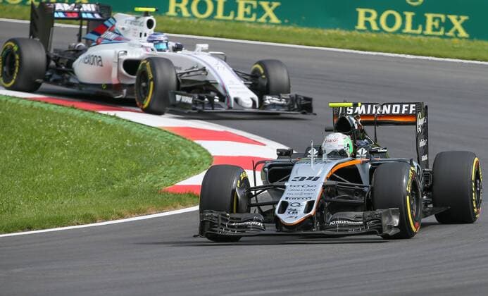 FORMULA 1 - GP of Austria 2016 SPIELBERG,AUSTRIA,01.JUL.16 - MOTORSPORTS, FORMULA 1 - Grand Prix of Austria, Red Bull Ring, free practice. Image shows Alfonso Celis Jun. (MEX Force India) and Valtteri Bottas (FIN Williams). GEPAxpictures xMarioxKneisl