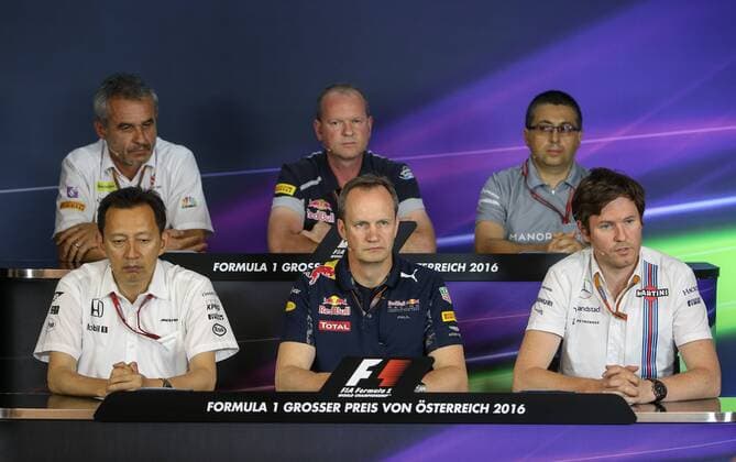 FORMULA 1 - GP of Austria 2016 SPIELBERG,AUSTRIA,01.JUL.16 - MOTORSPORTS, FORMULA 1 - Grand Prix of Austria, Red Bull Ring, free practice, press conference PK Pressekonferenz Image shows Yusuke Hasegawa (Honda), Beat Zehnder (Sauber), Paul Monaghan (Red Bull), Graham Watson (Toro Rosso), Rob Smedley (Williams) and Luca Furbatto (Manor). GEPAxpictures xDanielxGoetzhaber