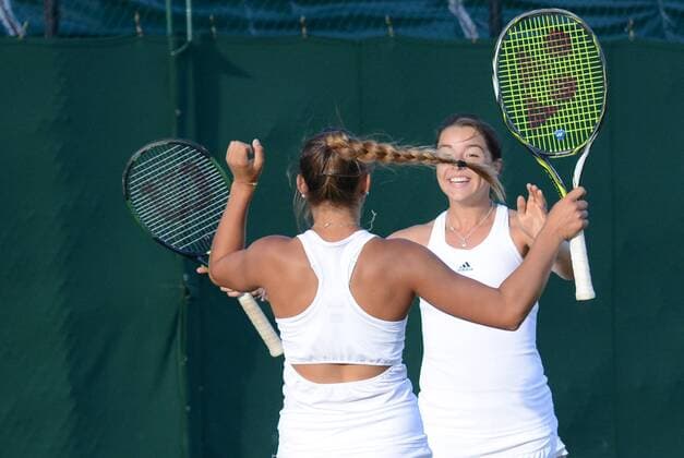 July 1, 2016 - London, England - JODIE BURRAGE of Great Britain (right) and PANNA UDVARDY of Hungary celebrate winning the doubles title at the Nike Junior International Roehampton tennis tournament. Tennis 2016 - Nike Junior International Roehampton - Day 6 - ZUMAl132