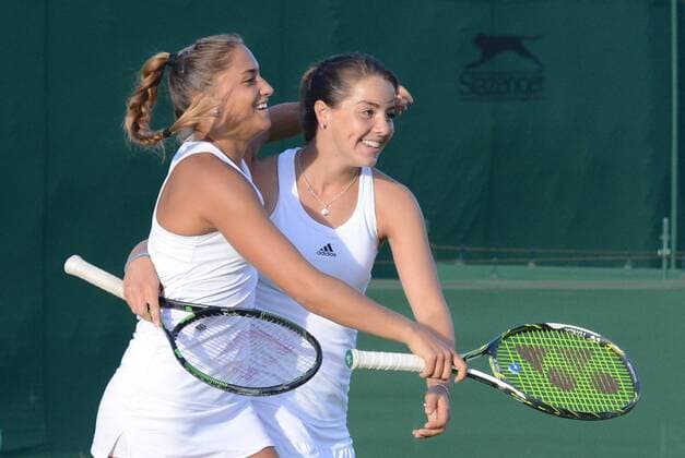 July 1, 2016 - London, England - JODIE BURRAGE of Great Britain (right) and PANNA UDVARDY of Hungary celebrate winning the doubles title at the Nike Junior International Roehampton tennis tournament. Tennis 2016 - Nike Junior International Roehampton - Day 6 - ZUMAl132