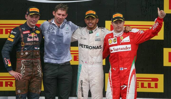 FORMULA 1 - GP of Austria 2016 SPIELBERG,AUSTRIA,03.JUL.16 - MOTORSPORTS, FORMULA 1 - Grand Prix of Austria, Red Bull Ring, award ceremony. Image shows Max Verstappen (NED Red Bull), Lewis Hamilton (GBR Mercedes GP) and Kimi Raikkoenen (FIN Ferrari). GEPAxpictures xMarioxKneisl