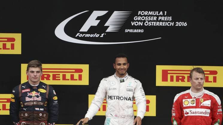 FORMULA 1 - GP of Austria 2016 SPIELBERG,AUSTRIA,03.JUL.16 - MOTORSPORTS, FORMULA 1 - Grand Prix of Austria, Red Bull Ring, award ceremony. Image shows Max Verstappen (NEL Red Bull), Lewis Hamilton (GBR Mercedes) and Kimi Raeikkoenen (FIN Ferrari). GEPAxpictures xHansxOberlaender