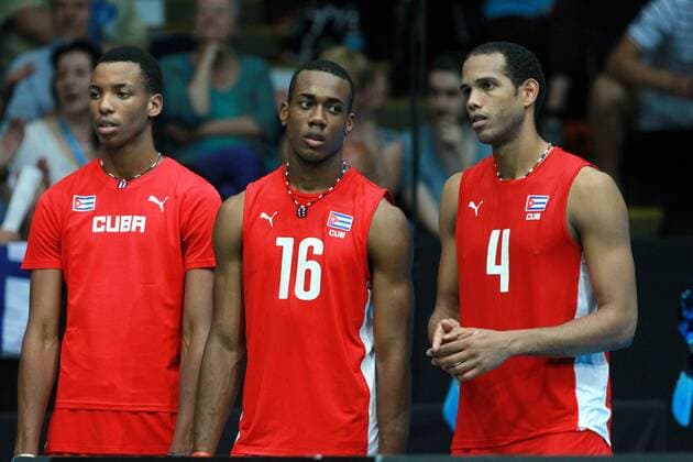 (L-R) Javier Octavio Concepcion Rojas, Luis Sosa, Javier Jimenez (CUB), JULY 2, 2016 - Volleyball : FIVB World League 2016, Preliminary Round Group 2 match between Finland 3-1 Cuba at Tampere Ice Stadium in Tampere, Finland.  (ymja002533)