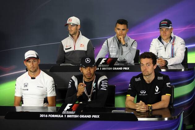 British Grand Prix, Silverstone 07 - 10 July 2016 07.07.2016 - press conference PK Pressekonferenz Romain Grosjean (FRA) Haas F1 Team VF-16, Pascal Wehrlein (GER) Manor Racing MRT05, Valtteri Bottas (FIN) Williams FW38, Jenson Button (GBR) McLaren Honda MP4-31, Lewis Hamilton (GBR) Mercedes AMG F1 W07 Hybrid and Jolyon Palmer (GBR) Renault F1 Team RS16 