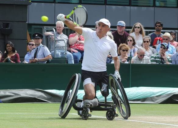Tennis - 2016 Wimbledon Championships - Week Two, (Day Thirteen) Mens doubles Wheelchair Final Stephane Houdet (FRA) and Nicolas Peifer (FRA) v Alfie Hewett (GBR) and Gordon Reid (GBR) Stephane Houdet on court 17 COLORSPORT ANDREW COWIE 