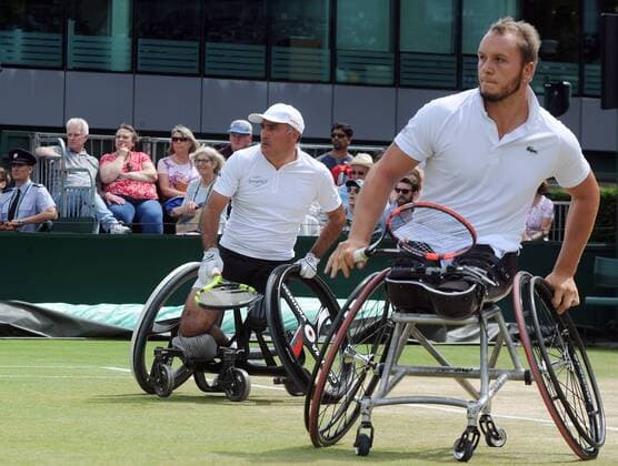 Tennis - 2016 Wimbledon Championships - Week Two, (Day Thirteen) Mens doubles Wheelchair Final Stephane Houdet (FRA) and Nicolas Peifer (FRA) v Alfie Hewett (GBR) and Gordon Reid (GBR) Stephane Houdet (left) and Nicolas Peifer on court 17 COLORSPORT ANDREW COWIE 