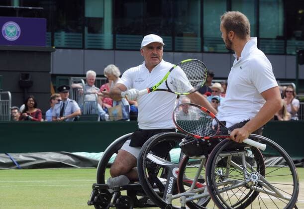 Tennis - 2016 Wimbledon Championships - Week Two, (Day Thirteen) Mens doubles Wheelchair Final Stephane Houdet (FRA) and Nicolas Peifer (FRA) v Alfie Hewett (GBR) and Gordon Reid (GBR) Stephane Houdet (left) and Nicolas Peifer on court 17 COLORSPORT ANDREW COWIE 