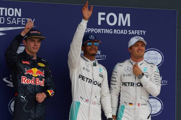 British Grand Prix, Silverstone 07 - 10 July 2016 09.07.2016 - Qualifying, 3rd position Max Verstappen (NED) Red Bull Racing RB12, Lewis Hamilton (GBR) Mercedes AMG F1 W07 Hybrid pole position and 2nd position Nico Rosberg (GER) Mercedes AMG F1 W07 Hybrid 
