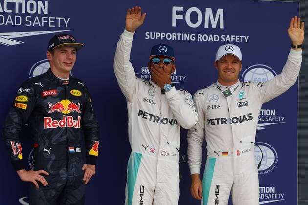 British Grand Prix, Silverstone 07 - 10 July 2016 09.07.2016 - Qualifying, 3rd position Max Verstappen (NED) Red Bull Racing RB12, Lewis Hamilton (GBR) Mercedes AMG F1 W07 Hybrid pole position and 2nd position Nico Rosberg (GER) Mercedes AMG F1 W07 Hybrid 