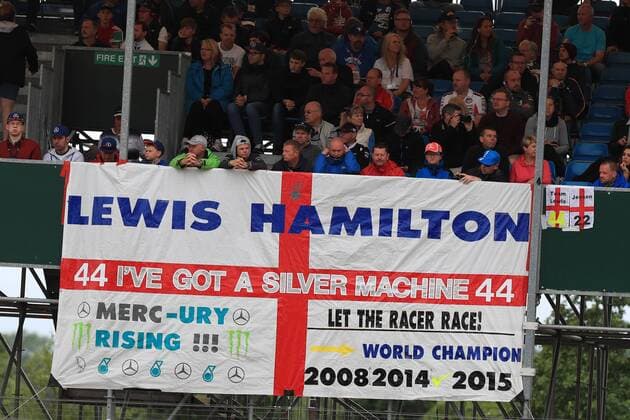 09.07.2016. Silverstone, Northants, England. Formula One British Grand Prix Qualifying on a damp circuit. Lewis Hamilton fans show their support and flags xLeannexBoonx  ActionPlus11759958