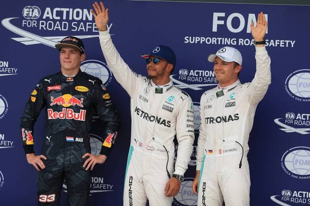 09.07.2016. Silverstone, Northants, England. Formula One British Grand Prix Qualifying on a damp circuit. Mercedes AMG Petronas W07 Hybrid & x2013; Lewis Hamilton takes pole at Silverstone ahead of his team mate Nico Rosberg and Red Bull Racing RB12 driver Max Verstappen. xLeannexBoonx  ActionPlus11759964