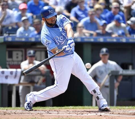 July 9, 2016 - Kansas City, MO, USA - Kansas City Royals designated hitter Kendrys Morales connects on a single in the first inning against the Seattle Mariners on Saturday, July 9, 2016, at Kauffman Stadium in Kansas City, Mo. Seattle at Kansas City - ZUMAm67_