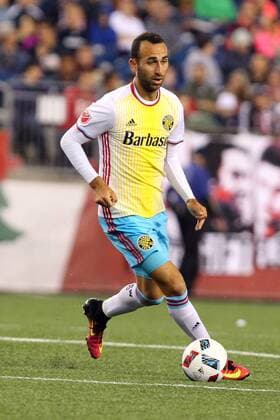 July 9, 2016; Foxborough, MA, USA; Columbus Crew forward Justin Meram (9) in action during the second half of an MLS Fussball Herren USA game between the New England Revolution and Columbus Crew at Gillette Stadium. New England defeated Columbus 3-1. MLS 2016: Crew vs Revolution JUL 09 - ZUMAc04_