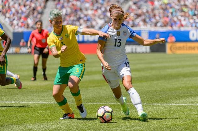 09 July 2016: South Africa defender Janine van Wyk (5) defends against United States forward Alex Morgan (13) during an International Friendly Länderspiel soccer match between South Africa and USA at Soldier Field in Chicago, IL. USA won 1-0. (Photo by Daniel Bartel Icon Sportswire) SOCCER: JUL 09 Women s - South Africa v USA Icon160709018 EDITORIAL USE ONLY