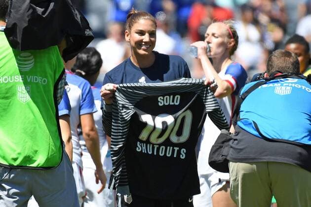09 July 2016: United States goalkeeper Hope Solo (1) posses for a photo after her victory over South Africa for her 100th shutout at Soldier Field in Chicago, IL. (Photo by Patrick Gorski Icon Sportswire) SOCCER: JUL 09 Women s - South Africa v USA Icon09071631 EDITORIAL USE ONLY