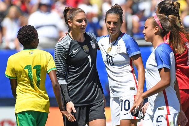 09 July 2016: United States goalkeeper Hope Solo (1) and United States midfielder Carli Lloyd (10) celebrate after their victory over South Africa at Soldier Field in Chicago, IL. (Photo by Patrick Gorski Icon Sportswire) SOCCER: JUL 09 Women s - South Africa v USA Icon09071624 EDITORIAL USE ONLY