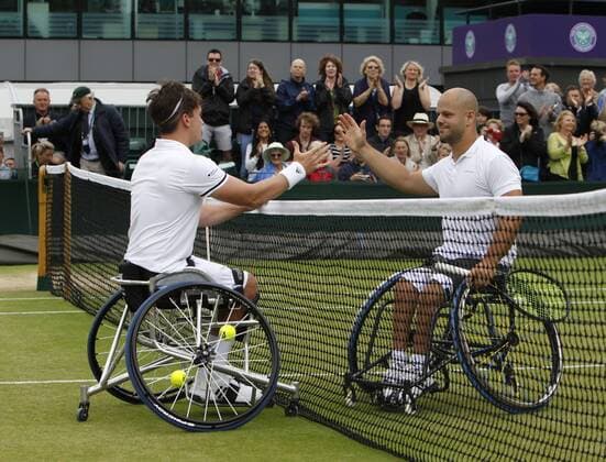 10.07.2016. All England Lawn Tennis and Croquet Club, London, England. The Wimbledon Tennis Championships Day 14. The Final of the Men s Wheelchair Singles between Stefan Olssen (SWE) and Gordon Reid (GBR). Gordon Reid wins the final in straight sets and is congratulated at the net by Olssen. xAlanxMartinx  ActionPlus11760311