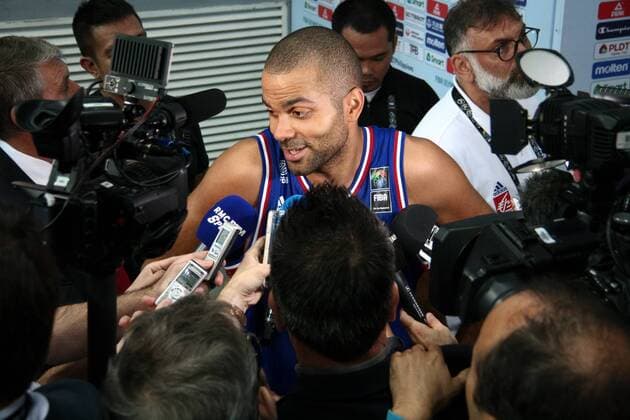 July 10, 2016 - Philippines - NBA Basketball Herren USA player Tony Parker, of team France, talks to the media after leading his team against Canada. France secured a slot to the Olympics in Rio after winning the FIBA Olympic Qualifying tournament held at the Mall of Asia Arena in Pasay City, Metro Manila. World News - July 10, 2016 - ZUMAs166