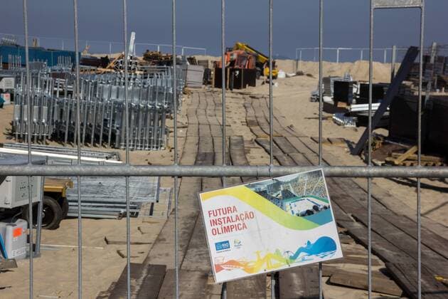 Locations Rio 2016 Olympic Games Olympische Spiele Olympia OS Arena Olympic Beach volleyball Beachvolleyball which is being built on the sands of Copacabana Beach is coming to the final stretch. Seats and stairs have been installed and access to the public are being implemented. With the Arena, a large part of the Copacabana boardwalk is no visibility to the sea. x1159101x  LuizxSouza