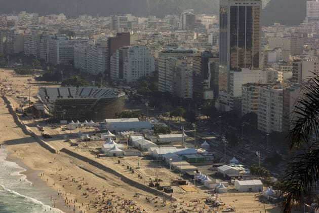 Locations Rio 2016 Olympic Games Olympische Spiele Olympia OS Arena Olympic Beach volleyball Beachvolleyball which is being built on the sands of Copacabana Beach is coming to the final stretch. Seats and stairs have been installed and access to the public are being implemented. With the Arena, a large part of the Copacabana boardwalk is no visibility to the sea. x1159107x  LuizxSouza