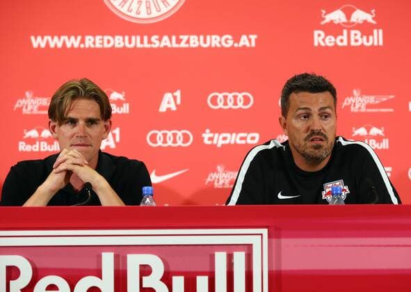 SOCCER - CL quali, RBS vs Liepaja SALZBURG,AUSTRIA,11.JUL.16 - SOCCER - UEFA Champions League, qualification, Red Bull Salzburg vs FK Liepaja, preview, press conference PK Pressekonferenz of RBS. Image shows sports coordinator Christoph Freund and head coach Oscar Garcia (RBS). GEPAxpictures xFelixxRoittner