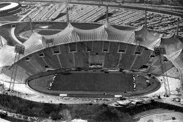1972, Übersicht über das Olympiagelände der Olympischen Spiele in München, das Olympiastadion