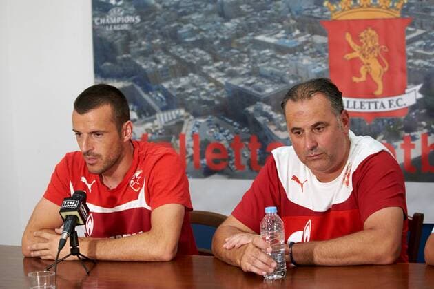 11 07 2016 Hibernians Stadium, Paola, Malta UEFA Champions League Second Qualifying Round, First Leg Valletta FC v Red Star Belgrade Aleksandar LukoviÄ‡ (L) defender of Red Star Belgrade and head coach Miodrag Bozovic (R) speaks during his team s press conference PK Pressekonferenz a day prior to the UEFA Champions League, second qualifying round, first leg match at the Hibernians Stadium in Paola, Malta against Maltese champions Valletta FC. Valletta FC v Red Star Belgrade - UEFA Champions League 2016 17 VALL_RSB_16