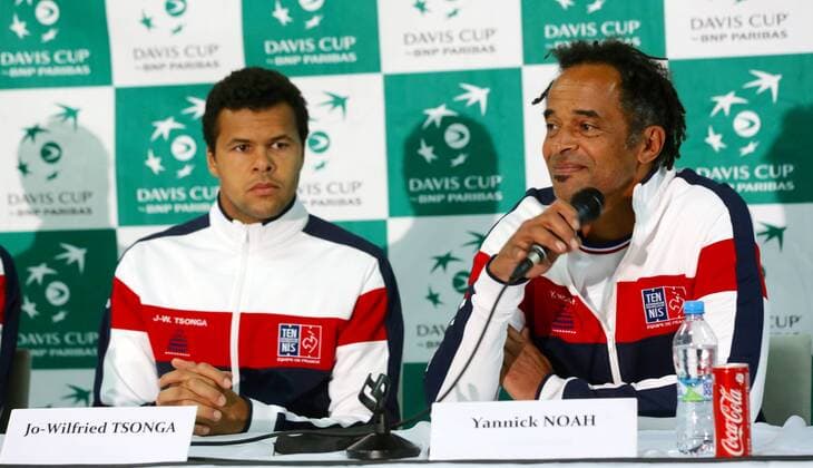 Tennis player Jo-Wilfried Tsonga, left, and non playing captain Yannick Noah, members of the French Davis Cup team, attend a news conference on Tuesday, July 12, 2016 in Trinec, Czech Republic, prior to the Davis Cup quarterfinal match Czech Republic vs France. (CTKxPhoto PetrxSznapka) CTKPhotoP201607120398101 
