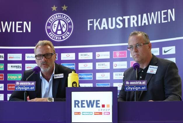 SOCCER - EL quali, A.Wien vs Kukesi VIENNA,AUSTRIA,13.JUL.16 - SOCCER - UEFA Europa League, qualification, FK Austria Wien vs FK Kukesi, preview, press conference PK Pressekonferenz of A.Wien. Image shows head coach Thorsten Fink and sports director Franz Wohlfahrt (A.Wien). GEPAxpictures xChristianxOrt