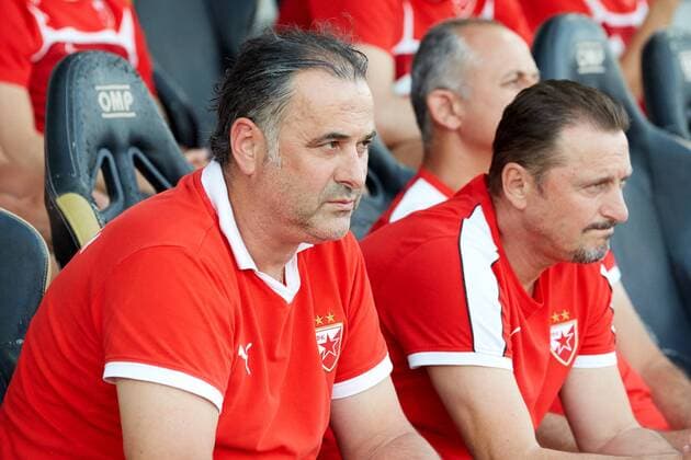 12 07 2016 Hibernians Stadium, Paola, Malta UEFA Champions League Second Qualifying Round, First Leg Valletta FC v Red Star Belgrade 1-2 Miodrag Bozovic (L) head coach of Red Star Belgrade (Crvena zvezda) prior to the UEFA Champions League, second qualifying round, first leg match at the Hibernians Stadium in Paola, Malta against Valletta FC. Valletta FC v Red Star Belgrade - UEFA Champions League 2016 17 VALL_RSB_16
