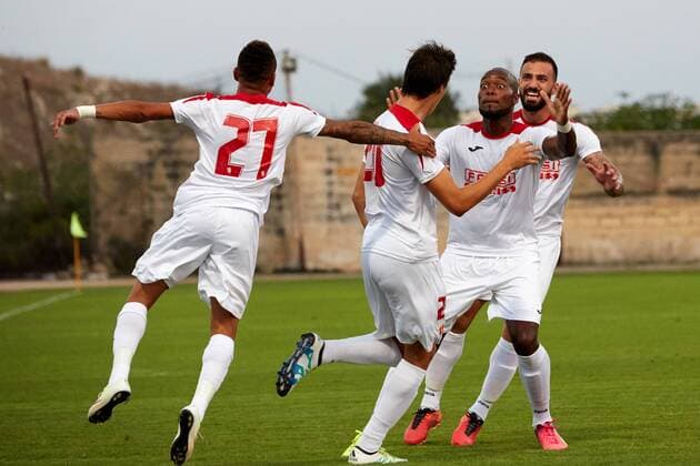 12 07 2016 Hibernians Stadium, Paola, Malta UEFA Champions League Second Qualifying Round, First Leg Valletta FC v Red Star Belgrade 1-2 Federico Falcone of Valletta FC (second from right number 20) celebrates scoring during the UEFA Champions League, second qualifying round, first leg match at the Hibernians Stadium in Paola, Malta against Red Star Belgrade of Serbia. Valletta FC v Red Star Belgrade - UEFA Champions League 2016 17 VALL_RSB_16
