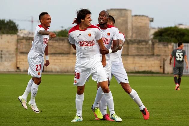 12 07 2016 Hibernians Stadium, Paola, Malta UEFA Champions League Second Qualifying Round, First Leg Valletta FC v Red Star Belgrade 1-2 Federico Falcone of Valletta FC (second from right number 20) celebrates scoring during the UEFA Champions League, second qualifying round, first leg match at the Hibernians Stadium in Paola, Malta against Red Star Belgrade of Serbia. Valletta FC v Red Star Belgrade - UEFA Champions League 2016 17 VALL_RSB_16