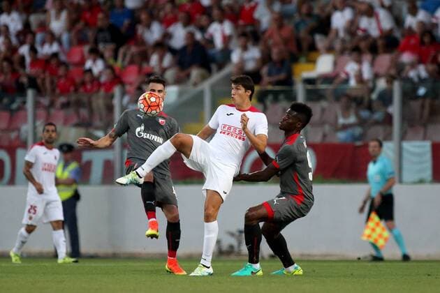 12 07 2016 Hibernians Stadium, Paola, Malta UEFA Champions League Second Qualifying Round, First Leg Valletta FC v Red Star Belgrade 1-2 Federico Falcone (centre) of Valletta FC during the UEFA Champions League, second qualifying round, first leg match at the Hibernians Stadium in Paola, Malta against Red Star Belgrade of Serbia. Valletta FC v Red Star Belgrade - UEFA Champions League 2016 17 VALL_RSB_16