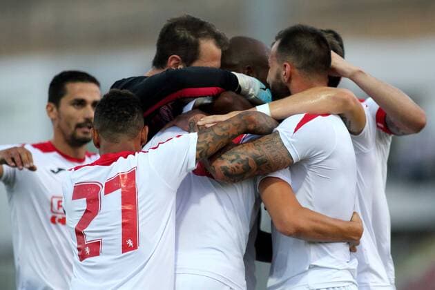 12 07 2016 Hibernians Stadium, Paola, Malta UEFA Champions League Second Qualifying Round, First Leg Valletta FC v Red Star Belgrade 1-2 Valletta FC players celebrate scoring during the UEFA Champions League, second qualifying round, first leg match at the Hibernians Stadium in Paola, Malta against Red Star Belgrade of Serbia. Valletta FC v Red Star Belgrade - UEFA Champions League 2016 17 VALL_RSB_16