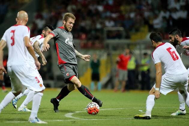 12 07 2016 Hibernians Stadium, Paola, Malta UEFA Champions League Second Qualifying Round, First Leg Valletta FC v Red Star Belgrade 1-2 Aleksandar Katai of Red Star Belgrade (Crvena zvezda) (centre grey kit) during the UEFA Champions League, second qualifying round, first leg match at the Hibernians Stadium in Paola, Malta against Valletta FC Valletta FC v Red Star Belgrade - UEFA Champions League 2016 17 VALL_RSB_16