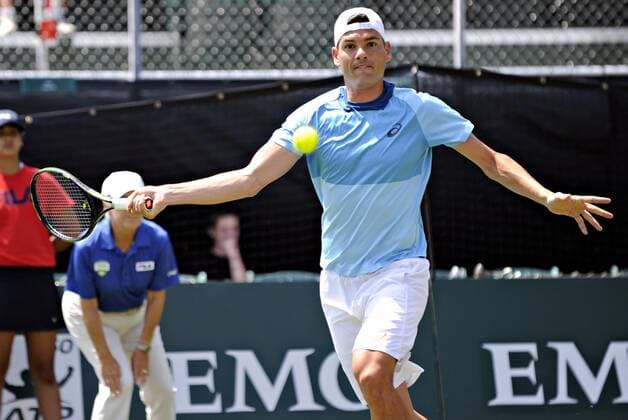 July 13, 2016:Frank Dancevic (CAN) hits a forehand in his round of 16 match vs. Ivo Karlovic (CRO) at the 2016 Hall of Fame Championships held at the Casino at Newport, R.I. This ATP Tennis Herren match was won by Karlovic 3-6,7-6 (7-5), 6-4. Tennis 2016: Hall of Fame Championships JUL, 16 - ZUMAc04_