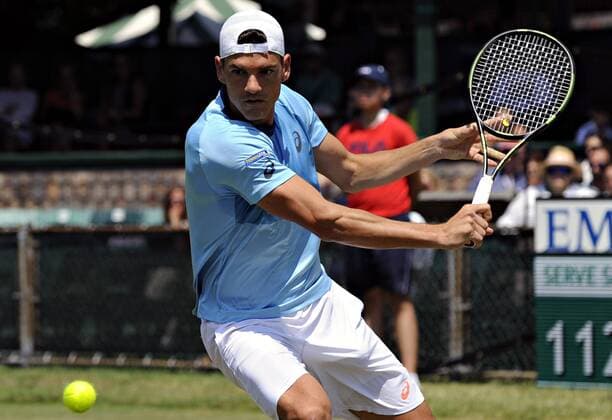 July 13, 2016:Frank Dancevic (CAN) hits a backhand in his round of 16 match vs. Ivo Karlovic (CRO) at the 2016 Hall of Fame Championships held at the Casino at Newport, R.I. This ATP Tennis Herren match was won by Karlovic 3-6,7-6 (7-5), 6-4. Tennis 2016: Hall of Fame Championships JUL, 16 - ZUMAc04_