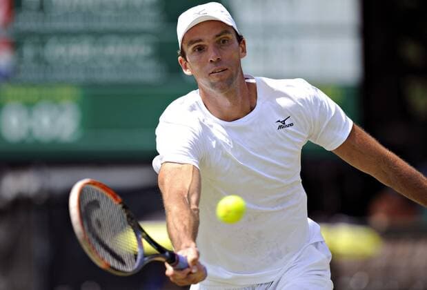 July 13, 2016: Ivo Karlovic (CRO) hits a forehand volley in his round of 16 match vs. Frank Dancevic (CAN) at the 2016 Hall of Fame Championships held at the Casino at Newport, R.I. This ATP Tennis Herren match was won by Karlovic 3-6,7-6 (7-5), 6-4. Tennis 2016: Hall of Fame Championships JUL, 16 - ZUMAc04_