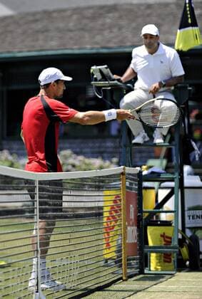 July 13, 2016: Marco Chiudinelli (SUI) disputes a line call with Chair Umpire during his round of 16 match vs. John-Patrick Smith (AUS) at the 2016 Hall of Fame Championships held at the Casino at Newport, R.I. This ATP Tennis Herren match was won by Chiudinelli 1-6,6-3,6-3. Tennis 2016: Hall of Fame Championships JUL, 16 - ZUMAc04_