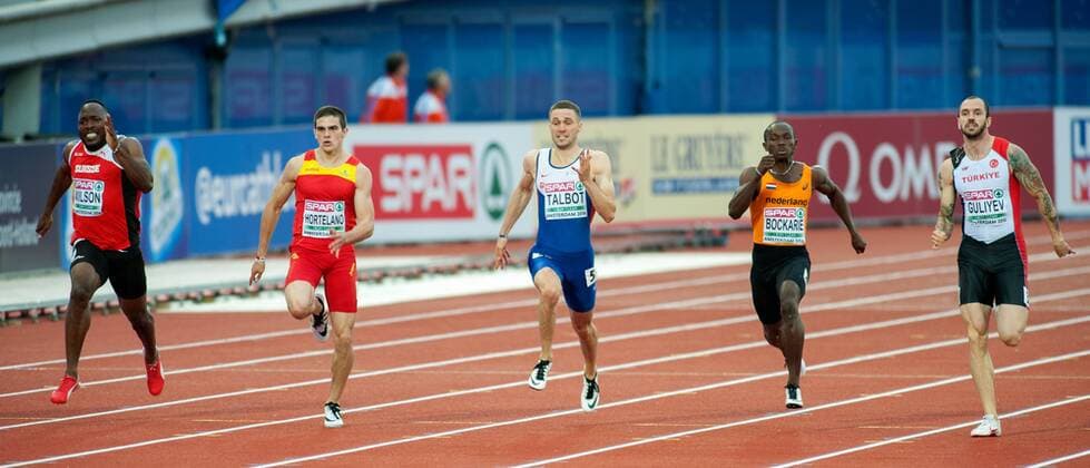 European Championships Athletics 2016 Amsterdam The Netherlands 8th July 2016. The Athletics European Championships Olympisch Stadion in Amsterdam. 200m mens final. Alex Wilson (SUI), Bruno Hortelano (ESP), Danny Talbot (GBR), Solomon Bockarie (NED) Ramil Guliyev (TUR) 
