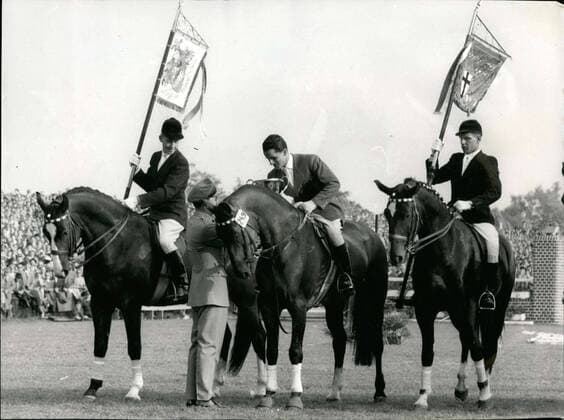 Jul. 08, 1955 - Hans Günther Winkler retains championship in show jumping. After a dramatic jump-off against Lieutenant Raimondo d Inzeo(Italy) German title-holder Hans Günther Winkler retained his championship for a second time in Aachen during the Third World Championship WM Weltmeisterschaft His flawless ride with the Italian steed Nadir (pictured) made the difference.  - ZUMAk09 JUL 08 1955 Hans G Winkler retainer Championship in Show Jumping After a Dramatic Jump off against Lieutenant Raimondo D Italy German Title Holder Hans G Winkler retained His Championship for a Second Time in Aachen during The Third World Championship His Flawless Ride With The Italian Nadir Pictured Made The Difference  ZUMAk09 Jul 08 1955 Hans Günther Winkler retains championship in show jumping After a dramatic jump off  - ZUMA9