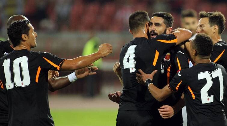 19.07.2016 Belgrade(Serbia) FK Crvena Zvezda(FC Red Star)-FC Valletta UEFA Champions League qualify 2nd leg men s football Jonathan Caruana(2nd from right) FC Valletta celebrate first scored goal : 