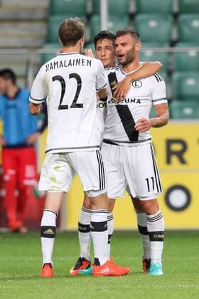 19.07.2016, Warszawa, , Legia Warszawa - HSK Zrinjski Mostar, Nemanja Nikolic (Legia), Mihail Aleksandrov (Legia), Kaspar Hamalainen (Legia), bramka, radosc, Champions League, qualification, football,  20160719toja73