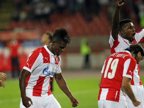 19.07.2016 Belgrade(Serbia) FK Crvena Zvezda(FC Red Star)-FC Valletta UEFA Champions League qualify 2nd leg men s football Thomas Phibel(L) and Mitchell Donald((r) FK Crvena Zvezda(FC Red Star) celebrate second goal : 