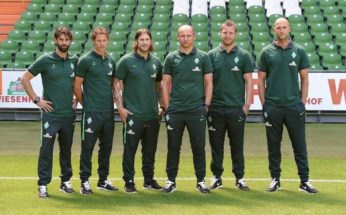 Bilder des Tages - SPORT FUSSBALL 1. BUNDESLIGA SAISON 2016 2017, Portraettermin SV Werder Bremen, 20.07.2016, Trainerteam: Axel Doerrfuss (Leistungsdiagnostiker SV Werder Bremen), Guenther Stoxreiter (Athletiktrainer SV Werder Bremen), Torsten Frings (Co-Trainer SV Werder Bremen), Viktor Skripnik (Cheftrainer SV Werder Bremen), Florian Kohfeldt (Co-Trainer SV Werder Bremen) und Christian Vander (Torwarttrainer SV Werder Bremen) 